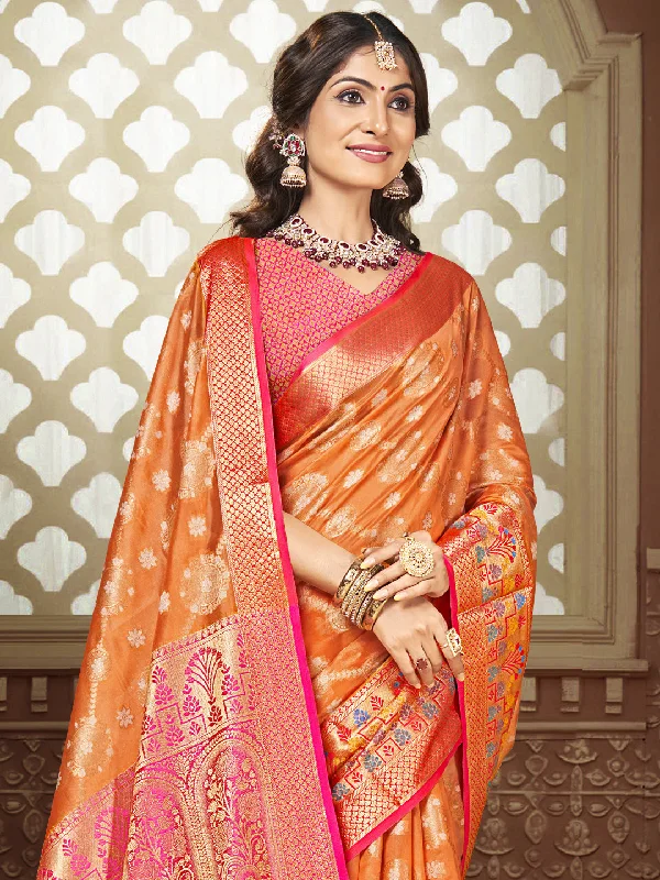 Women Orange Silk Saree With Un Stitched Blouse Embellished Collar Blouse