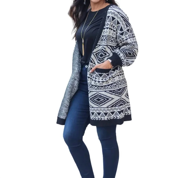 Let's Cozy Up Sweater Cardigan With Pockets In White/black Modern Contemporary Chic