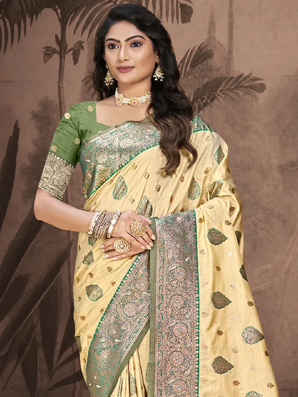 Women Beige Silk Saree With Un Stitched Blouse Playful Puff Blouse