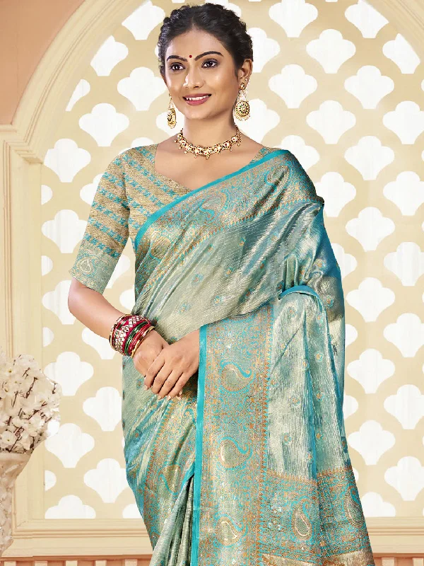 Women Sky Blue Silk Saree With Un Stitched Blouse Chic Square Blouse