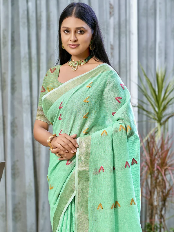 Women Turquoise Cotton Saree With Un Stitched Blouse Chic Sleeveless Blouse