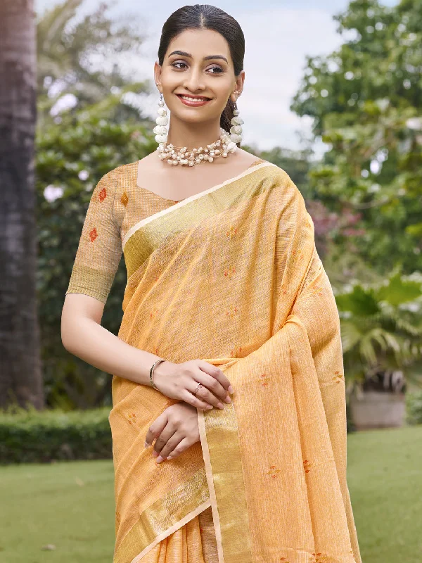 Women Peach Cotton Saree With Un Stitched Blouse Peter Pan Collar Blouse