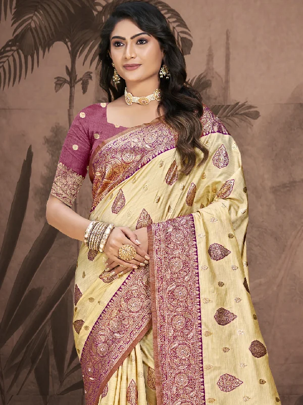 Women Beige Silk Saree With Un Stitched Blouse Elegant Silk Blouse