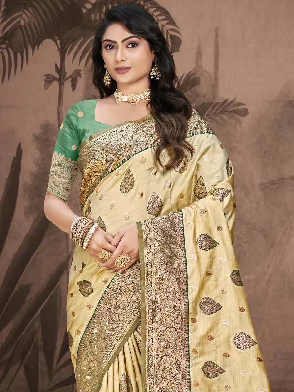 Women Beige Silk Saree With Un Stitched Blouse Stylish Wrap Blouse