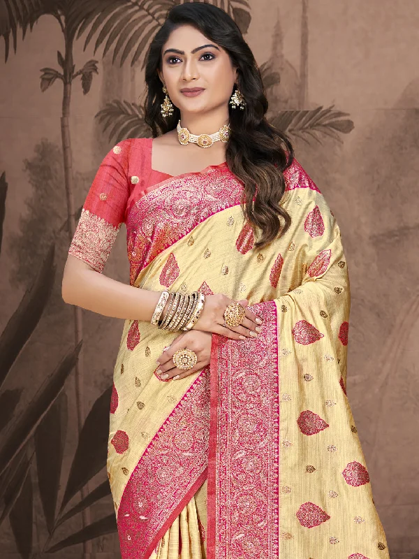 Women Beige Silk Saree With Un Stitched Blouse Mandarin Collar Blouse