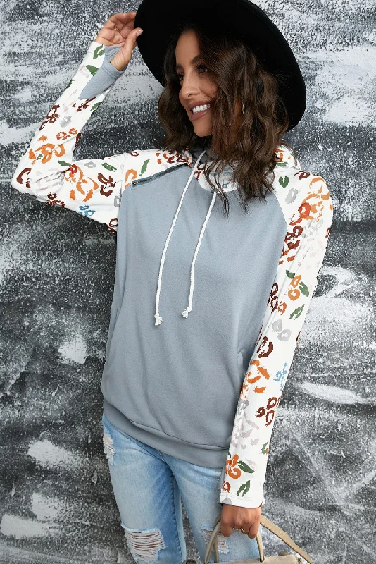 Printed Drawstring Detail Raglan Sleeve Hoodie Hoodie with Set-In Sleeves Structured Classic