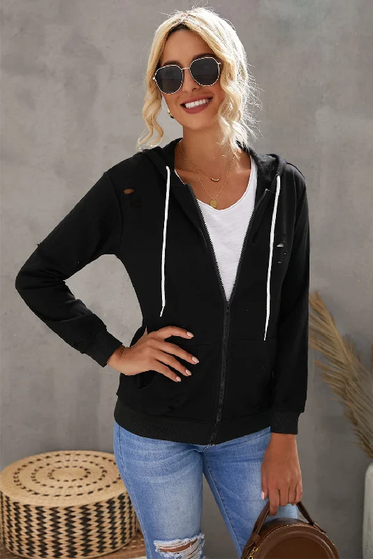 Distressed Zip Up Drawstring Detail Hoodie Hoodie with Oversized Fit Loose Comfortable