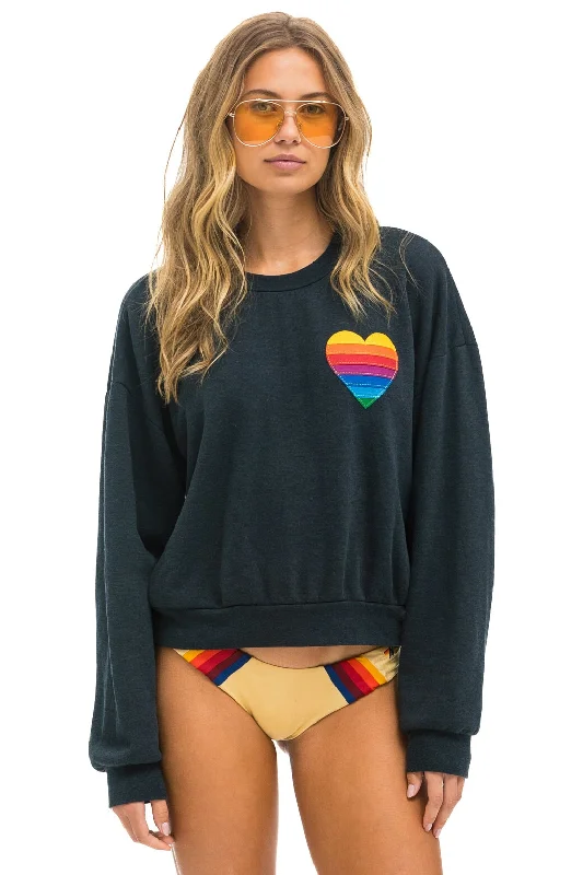 RAINBOW HEART STITCH RELAXED CREW SWEATSHIRT - CHARCOAL Hooded Sweatshirt Casual Wear Street Style