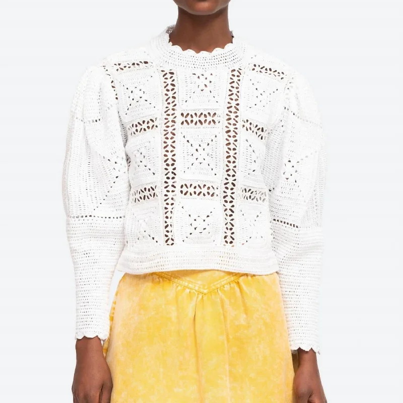 Corinne Crochet Long Sleeve Sweater In White Turtle Neck Boat Neck Asymmetrical Neck