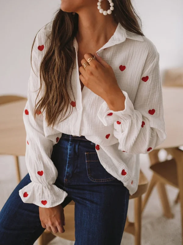 Wjczt Blouses Woman Fashion Elegant Summer Button-Down Shirt Women Long Puff Sleeve Red Print White Tops Ladies Casual Relaxed Blouse