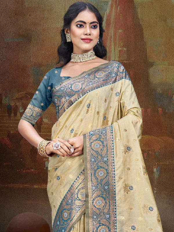 Women Beige Silk Saree With Un Stitched Blouse Gathered Detail Blouse
