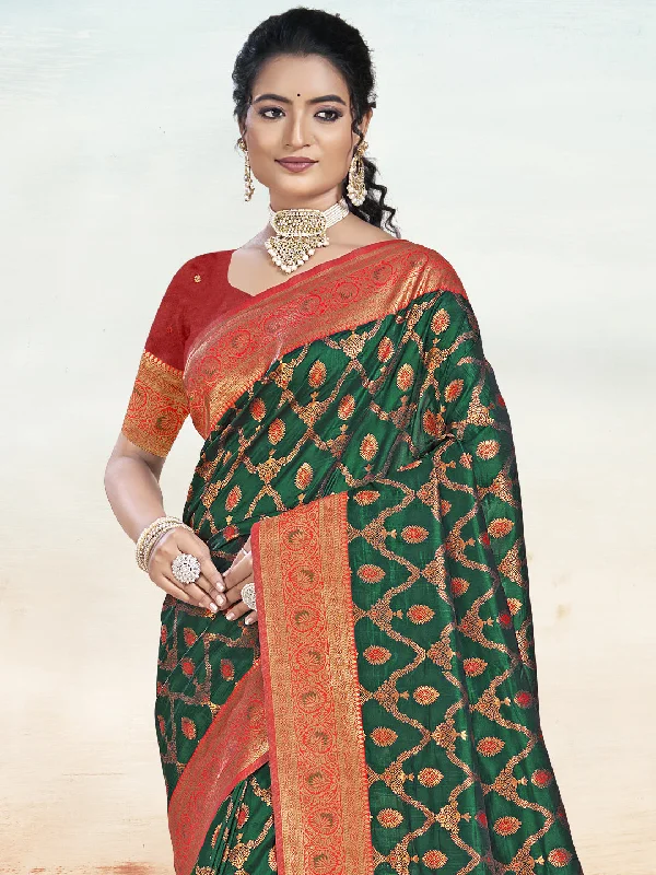 Women Bottle Green Silk Saree With Un Stitched Blouse Smart Casual Blouse