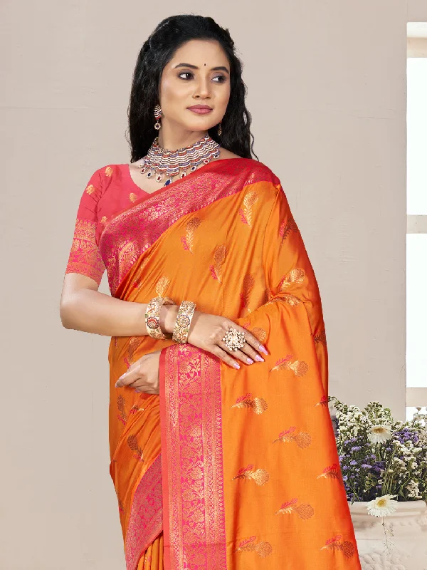 Women Orange Silk Saree With Un Stitched Blouse Subtle Shimmer Blouse
