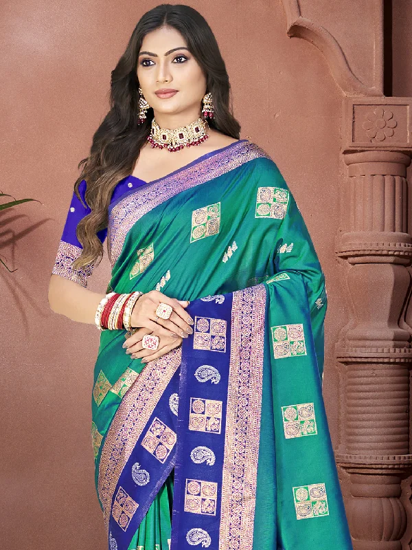 Women Rama Silk Saree With Un Stitched Blouse Feminine Ruffle Blouse