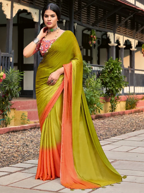 Women's Chiffon Olive Embellished Celebrity Saree With Blouse Piece Feminine Puff Blouse