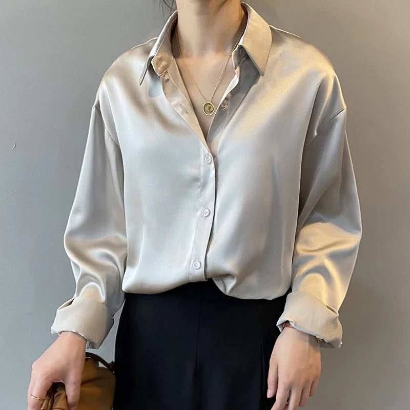 Wjczt Autumn Fashion Button Up Satin Silk Shirt Vintage Blouse Women White Lady Long Sleeves Female Loose Street Shirts 11355 Silky Tunic Blouse