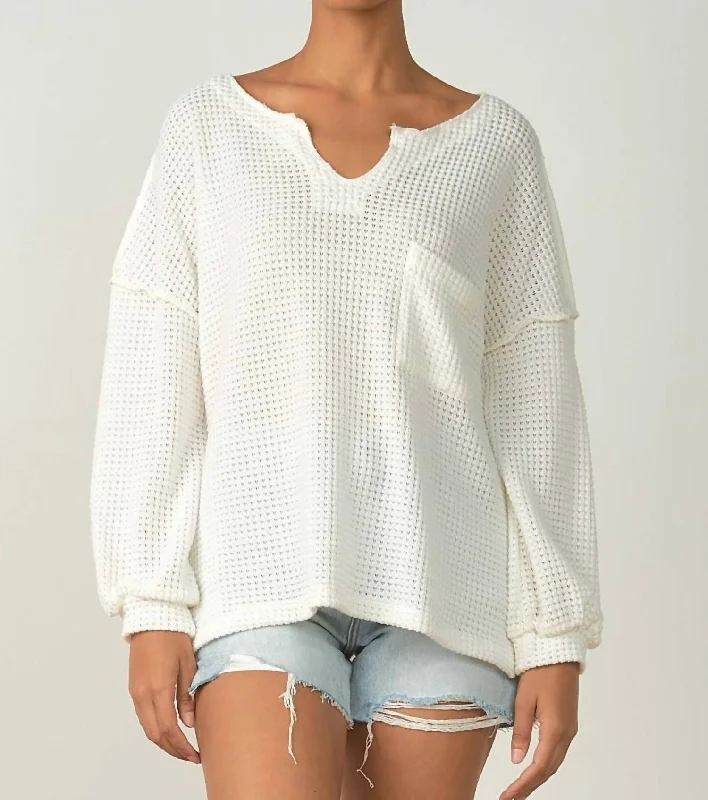 Long Sleeve V-Neck Front Thermal Sweater In White Silk Blend Satin Velvet
