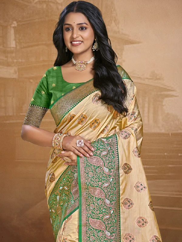 Women Beige Silk Saree With Un Stitched Blouse Puff Sleeve Blouse