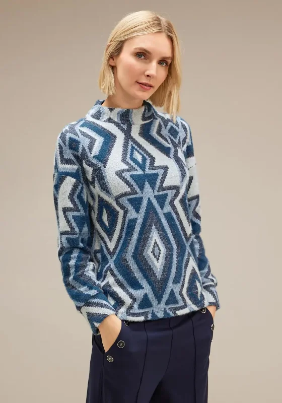 Street One Aztec Fluffy Knit Jumper, Atlantic Blue Handmade Hand-knitted Hand-woven