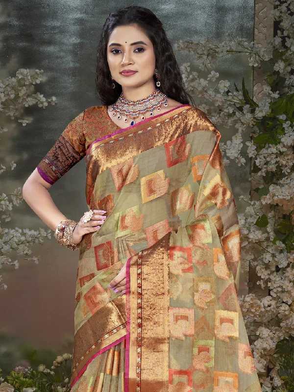 Women Grey Chanderi Saree With Un Stitched Blouse Embroidered Floral Blouse