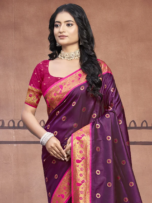 Women Wine Silk Saree With Un Stitched Blouse Chic Sleeveless Blouse