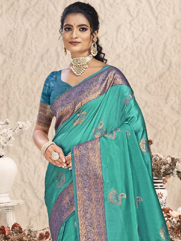 Women Sky Blue Silk Saree With Un Stitched Blouse Pastel Color Blouse