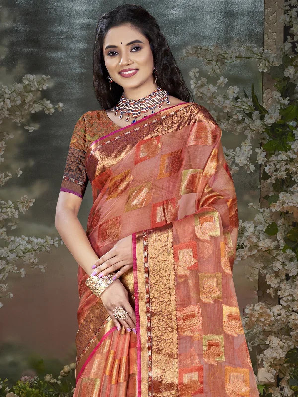 Women Pink Chanderi Saree With Un Stitched Blouse Elegant Office Blouse