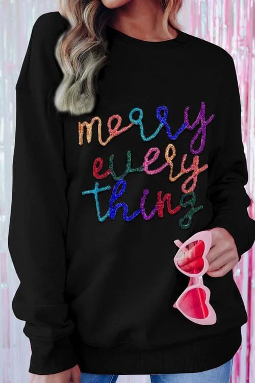 Merry Everything Sequin Dropped Shoulder Sweatshirt Hoodie with Thumb Holes Functional Cozy
