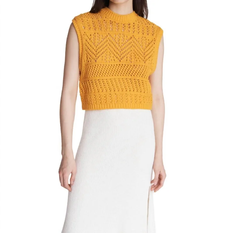 Renee Cotton Sleeveless Crew Sweater In Deep Yellow Solid Print Embellished