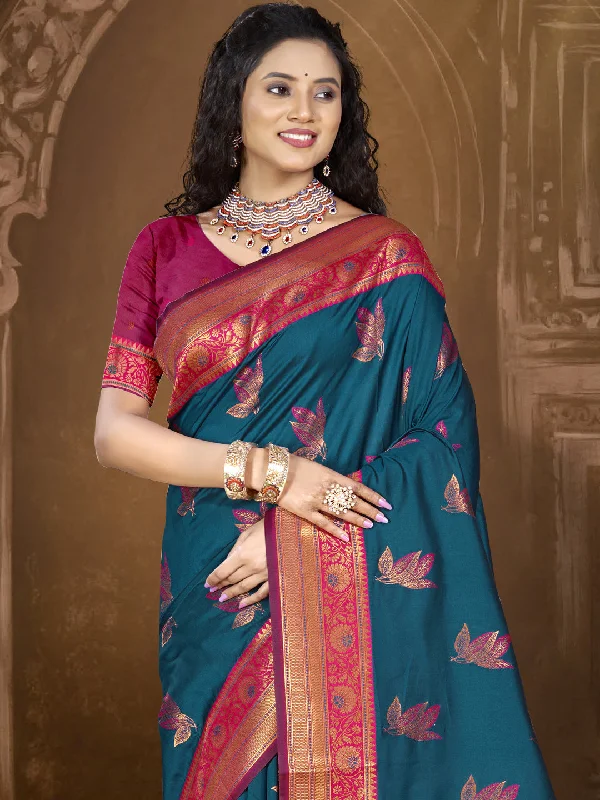 Women Blue Silk Saree With Un Stitched Blouse Feminine Tie Blouse
