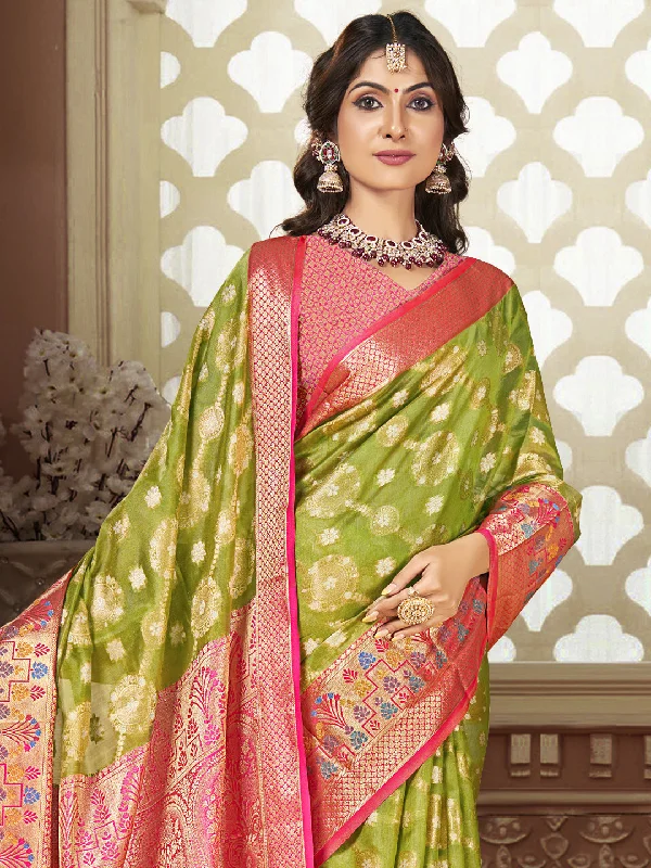 Women Light Green Silk Saree With Un Stitched Blouse High Neck Blouse