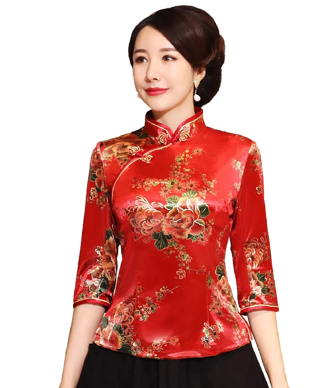 Wjczt Chinese Button Woman's Shirt chinese traditional top 3/4 Sleeve cheongsam top Velvet traditional Chinese blouse Chic Square Blouse