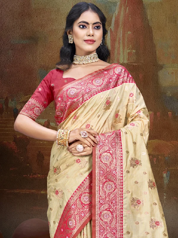 Women Beige Silk Saree With Un Stitched Blouse Modern Work Blouse
