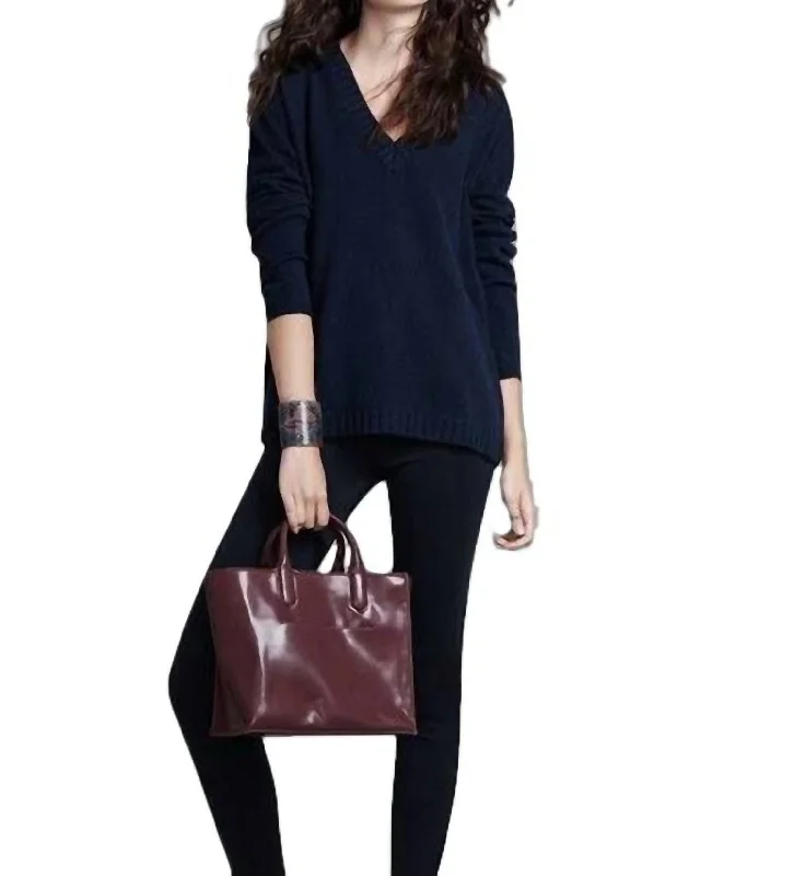 Luxe T-Back Vee Sweater In Navy/truffle Houndstooth Herringbone Solid