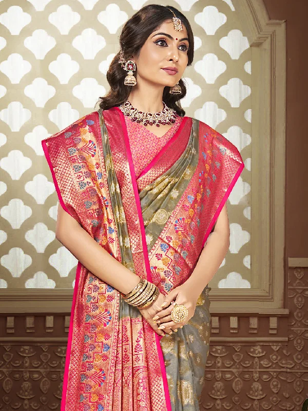 Women Grey Silk Saree With Un Stitched Blouse Casual Relaxed Blouse