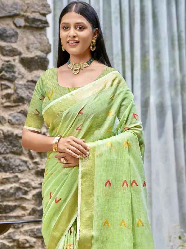 Women Light Green Cotton Saree With Un Stitched Blouse Elegant Peplum Blouse
