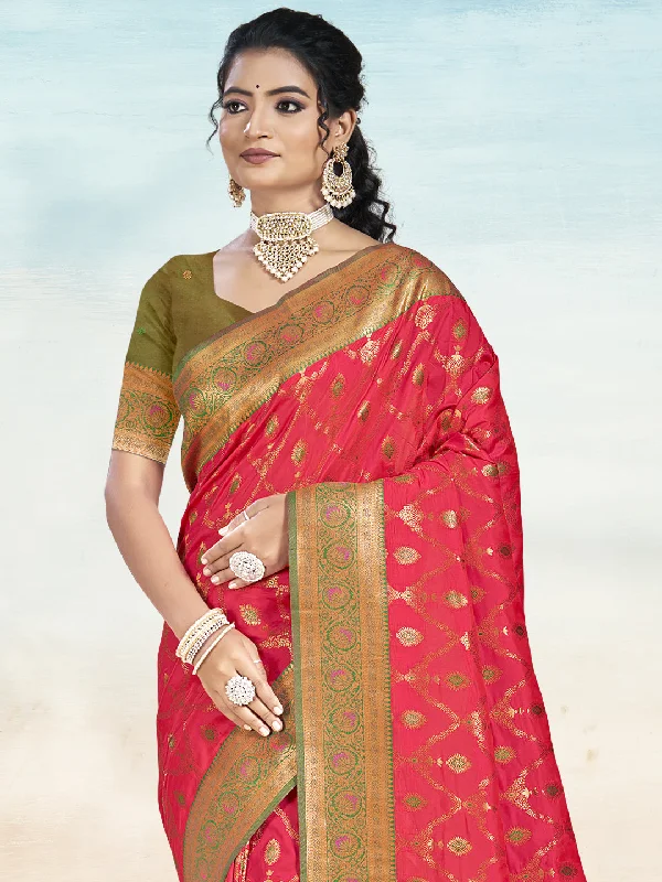 Women Dark Pink Silk Saree With Un Stitched Blouse Modern Work Blouse