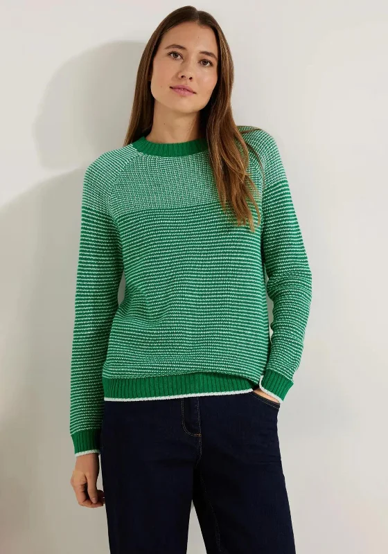 Cecil Crew Neck Striped Knit Sweater, Easy Green Long Sweater Short Sweater Cropped Sweater