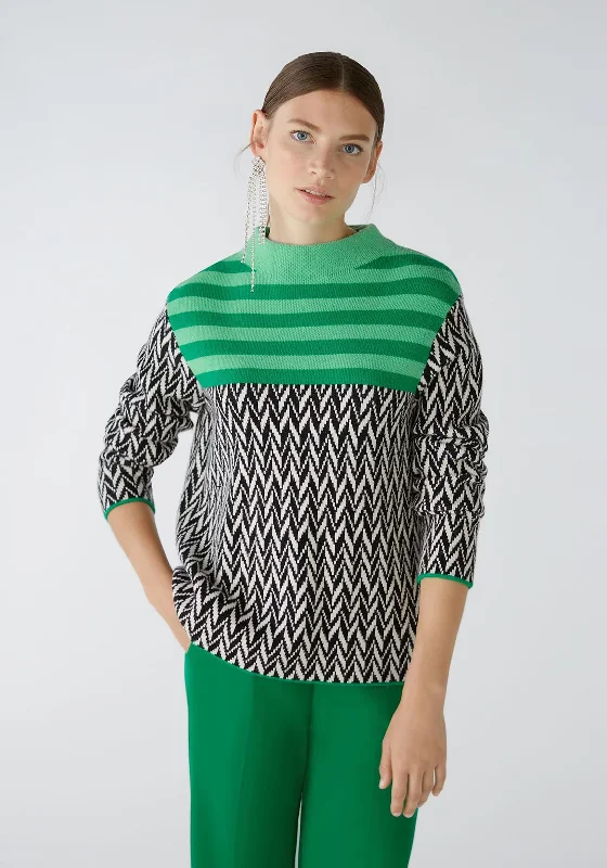 Oui Mix Print Knit Jumper, Green Terry Blend Velvet Blend Canvas Blend