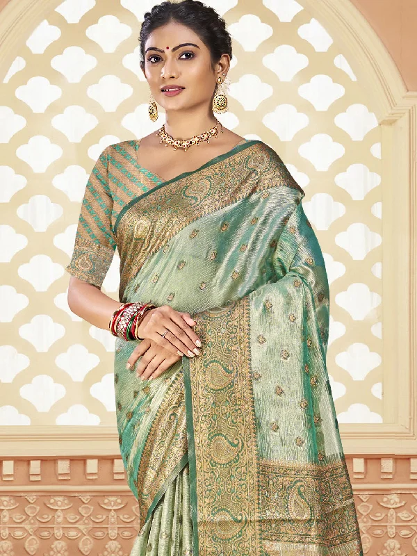 Women Pista Green Silk Saree With Un Stitched Blouse Casual Relaxed Blouse