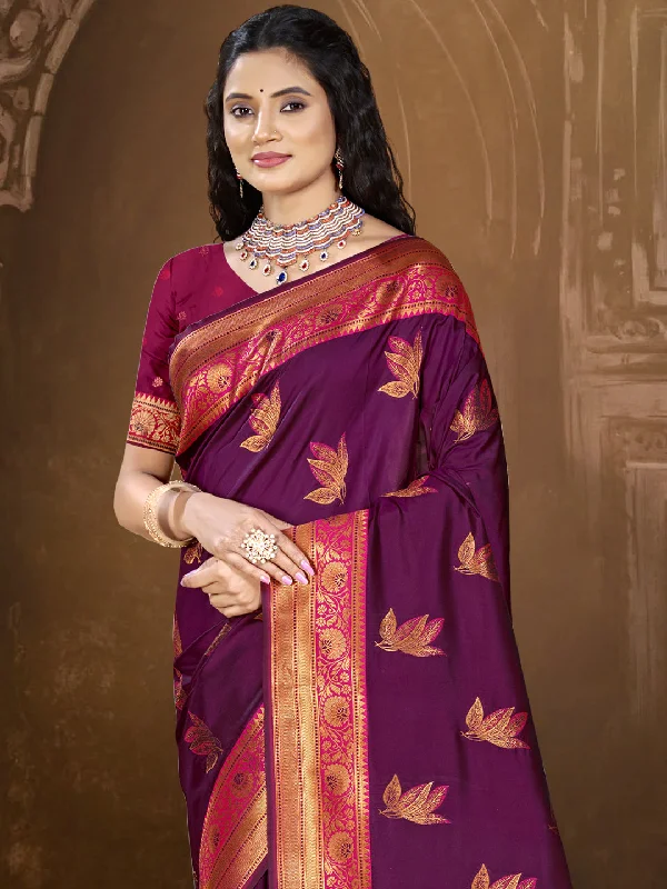 Women Wine Silk Saree With Un Stitched Blouse Soft Satin Blouse