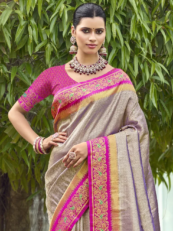 Women Grey Silk Saree With Un Stitched Blouse Pastel Color Blouse