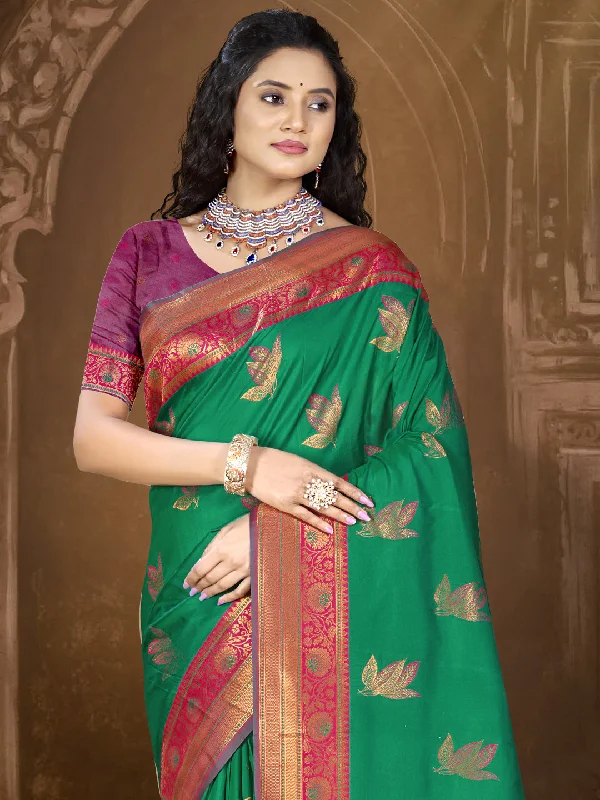 Women Green Silk Saree With Un Stitched Blouse Sleeveless Summer Blouse