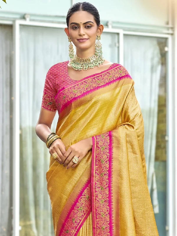 Women Yellow Silk Saree With Un Stitched Blouse Relaxed Fit Blouse