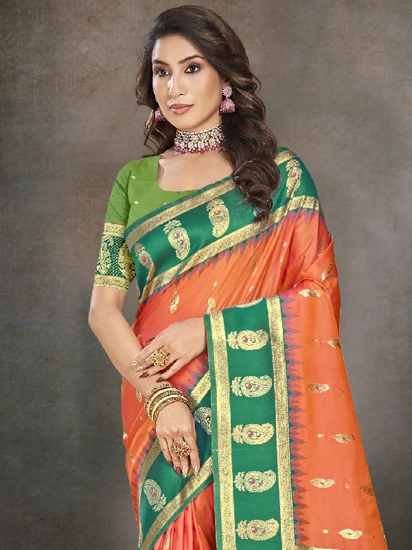 Women Orange Silk Saree With Un Stitched Blouse Sleeveless Summer Blouse