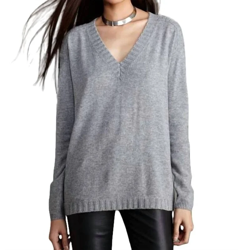 Luxe T-Back Vee Sweater In Grey/black Toggled Drawstring Belted