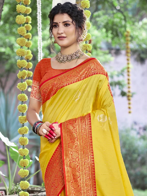 Women Yellow Silk Saree With Un Stitched Blouse Elegant Lace Blouse