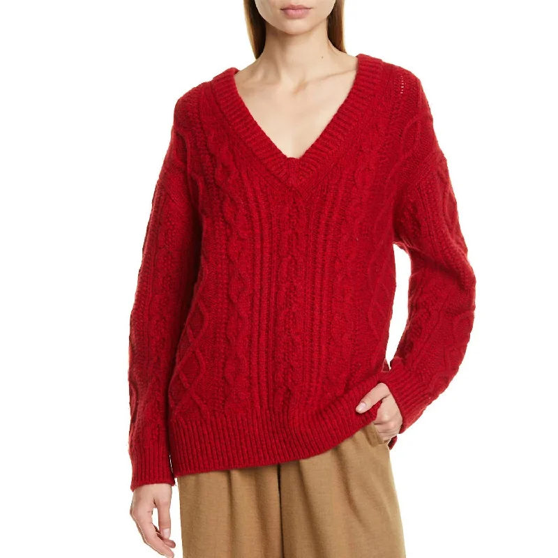 V Neck Cable Knit Sweater In Cherry Open Front Closed Front Wrap Front