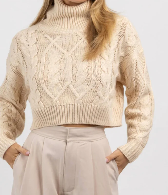 Cableknit Turtleneck Crop Sweater In Neutral Faux Fur Fabric Real Fur Fabric Shearling Fabric