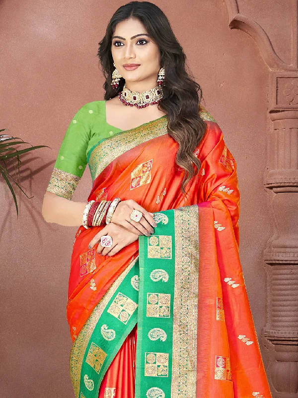 Women Orange Silk Saree With Un Stitched Blouse Casual Stripe Blouse